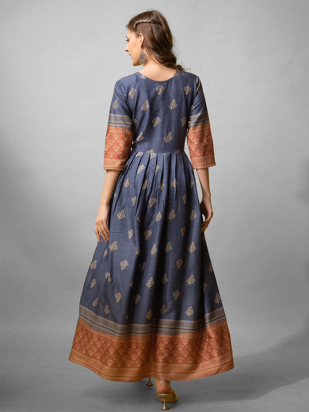 Jyoti Fashion Women's Denim Blue Rayon Abstract Printed Designer Anarkali Dress | Grocsy