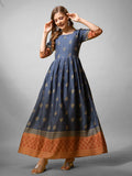 Jyoti Fashion Women's Denim Blue Rayon Abstract Printed Designer Anarkali Dress | Grocsy