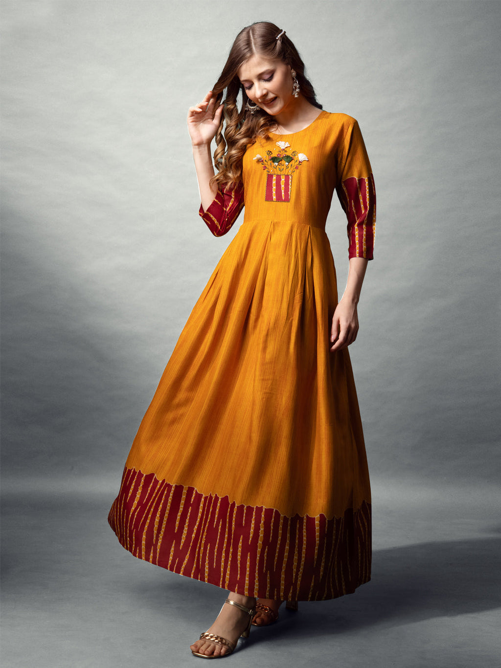 Jyoti Fashion Women's Mustard Rayon Abstract Printed Designer Anarkali Dress | Grocsy