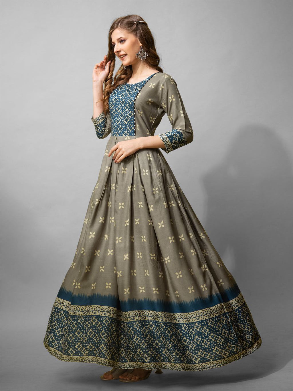 Jyoti Fashion Women's Grey Cotton Blend Printed Designer Anarkali Dress | Grocsy