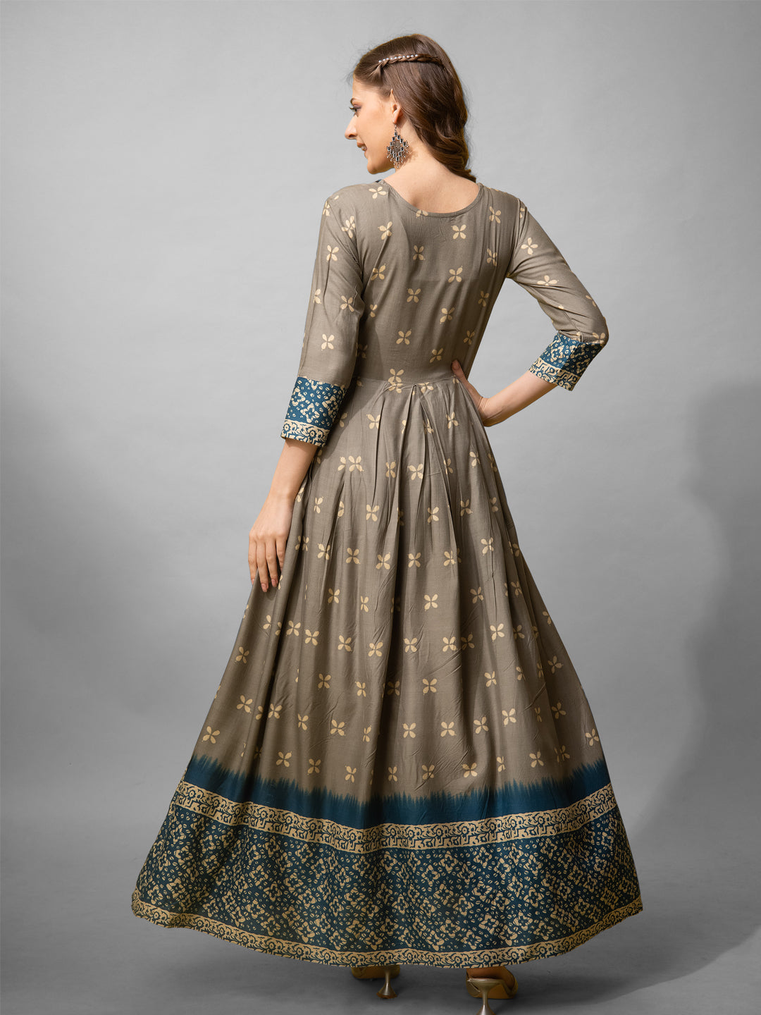 Jyoti Fashion Women's Grey Cotton Blend Printed Designer Anarkali Dress | Grocsy
