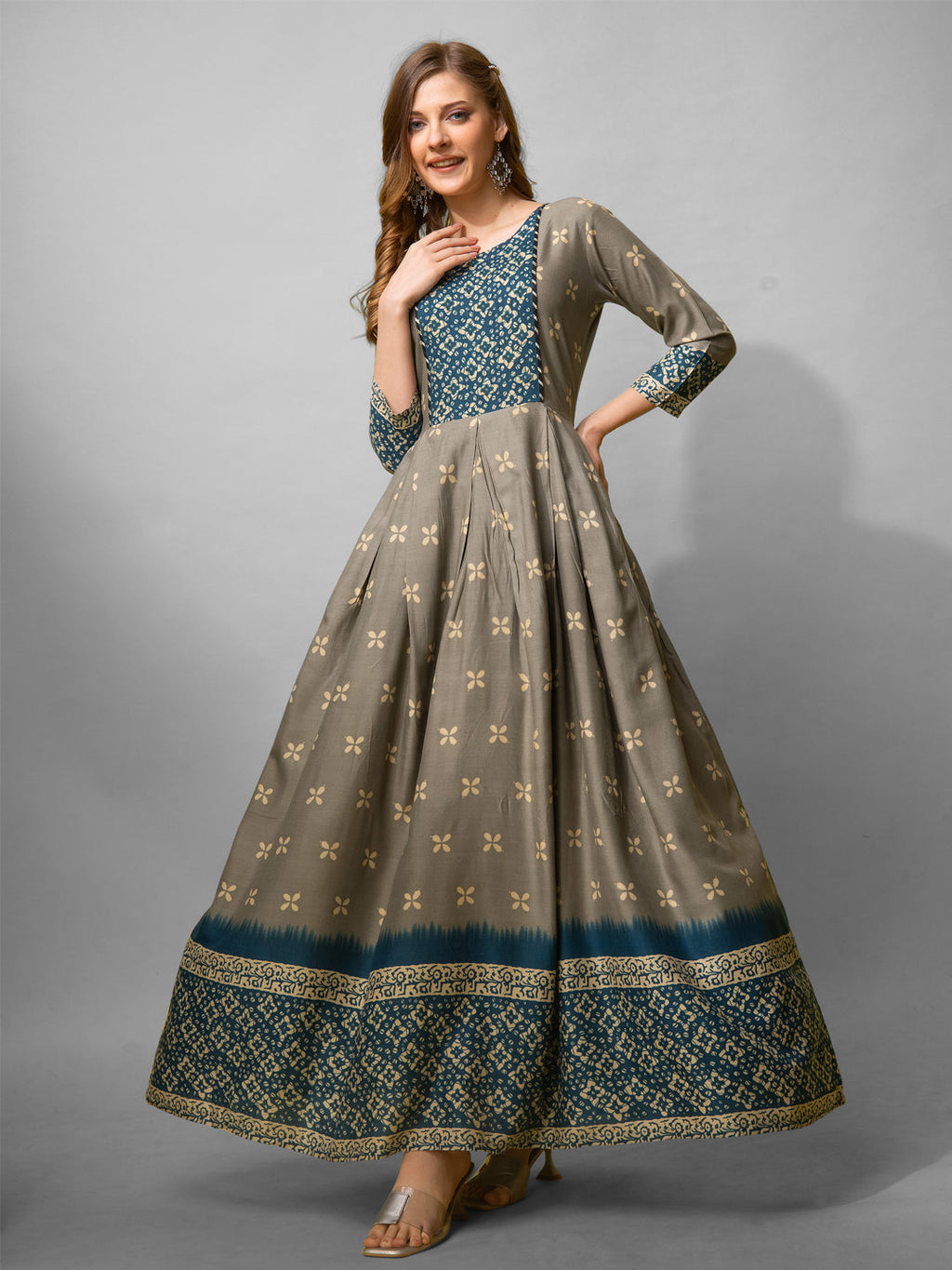 Jyoti Fashion Women's Grey Cotton Blend Printed Designer Anarkali Dress | Grocsy