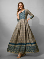 Jyoti Fashion Women's Grey Cotton Blend Printed Designer Anarkali Dress | Grocsy