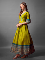 Jyoti Fashion Women's Parrot Green Cotton Blend Printed Designer Anarkali Dress | Grocsy