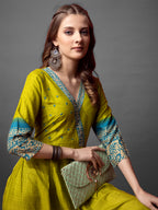 Jyoti Fashion Women's Parrot Green Cotton Blend Printed Designer Anarkali Dress | Grocsy