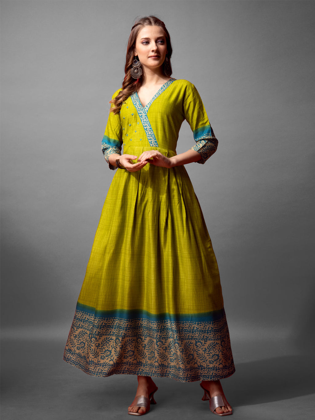 Jyoti Fashion Women's Parrot Green Cotton Blend Printed Designer Anarkali Dress | Grocsy