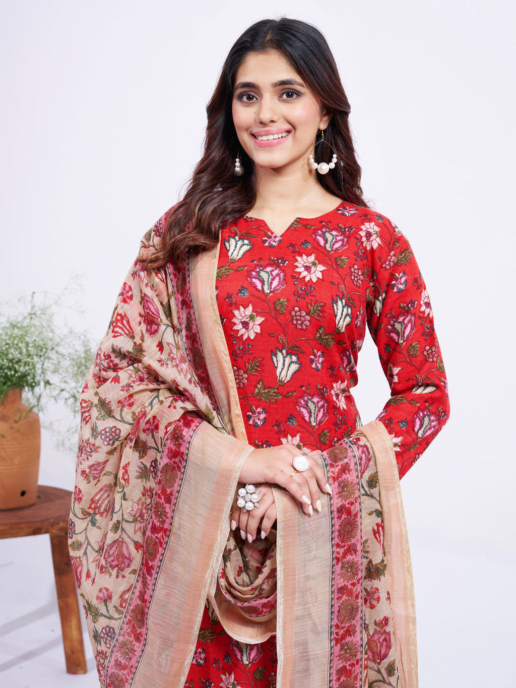 Jyoti Fashion Women's Red Cotton Blend Printed Designer Kurta Set with Dupatta | Grocsy
