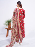 Jyoti Fashion Women's Red Cotton Blend Printed Designer Kurta Set with Dupatta | Grocsy