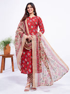Jyoti Fashion Women's Red Cotton Blend Printed Designer Kurta Set with Dupatta | Grocsy