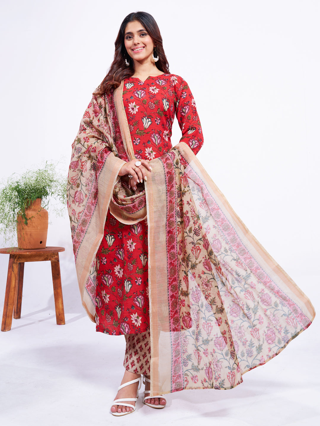 Jyoti Fashion Women's Red Cotton Blend Printed Designer Kurta Set with Dupatta | Grocsy