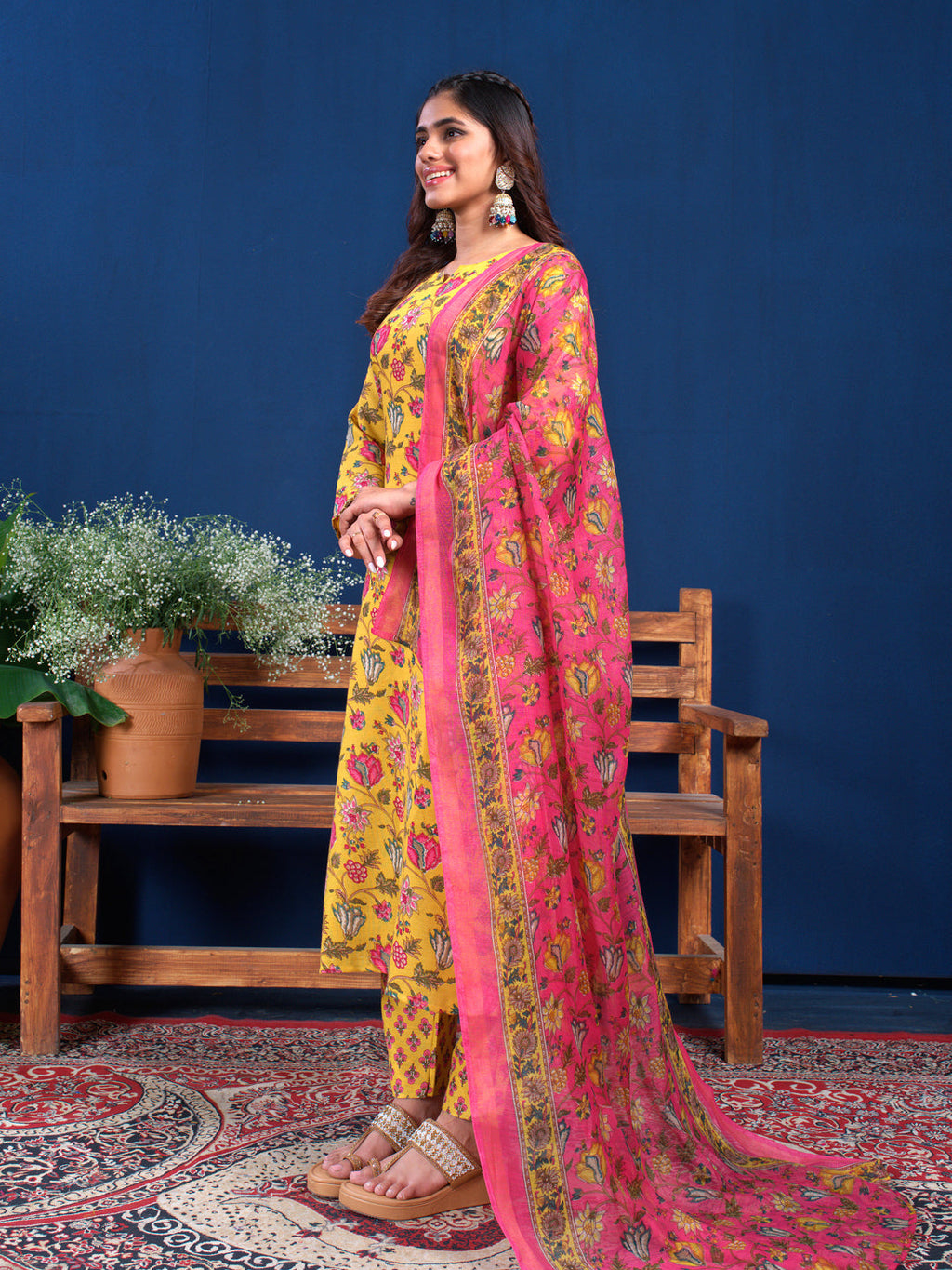 Jyoti Fashion Women's Yellow Cotton Blend Printed Designer Kurta Set with Dupatta | Grocsy