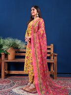 Jyoti Fashion Women's Yellow Cotton Blend Printed Designer Kurta Set with Dupatta | Grocsy