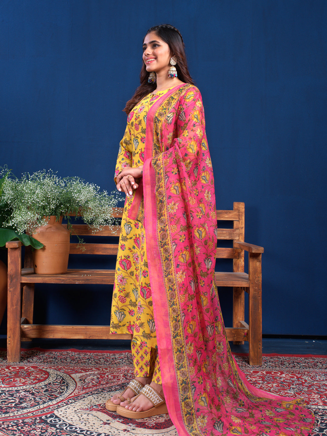 Jyoti Fashion Women's Yellow Cotton Blend Printed Designer Kurta Set with Dupatta | Grocsy