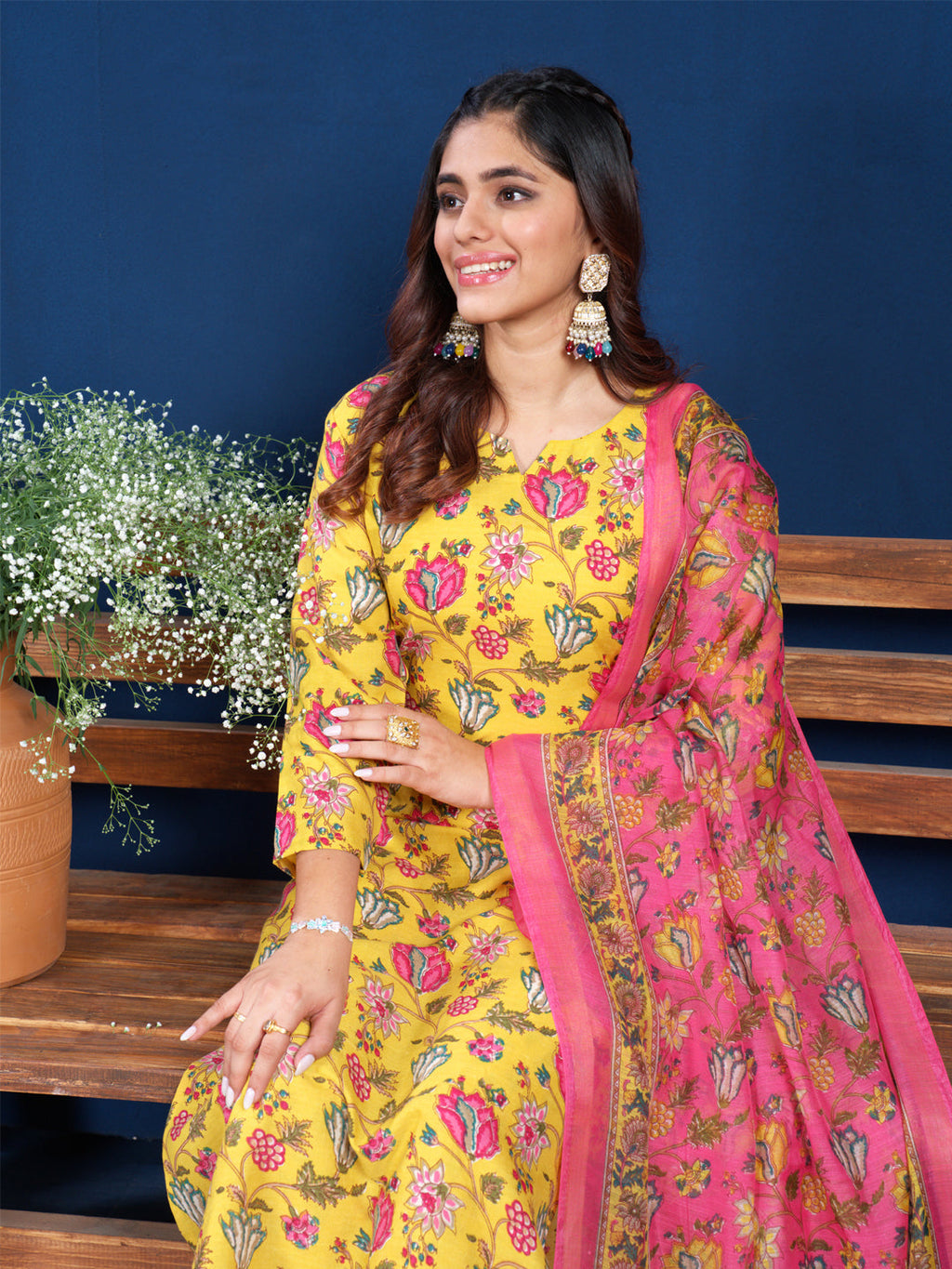 Jyoti Fashion Women's Yellow Cotton Blend Printed Designer Kurta Set with Dupatta | Grocsy