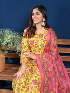 Jyoti Fashion Women's Yellow Cotton Blend Printed Designer Kurta Set with Dupatta | Grocsy