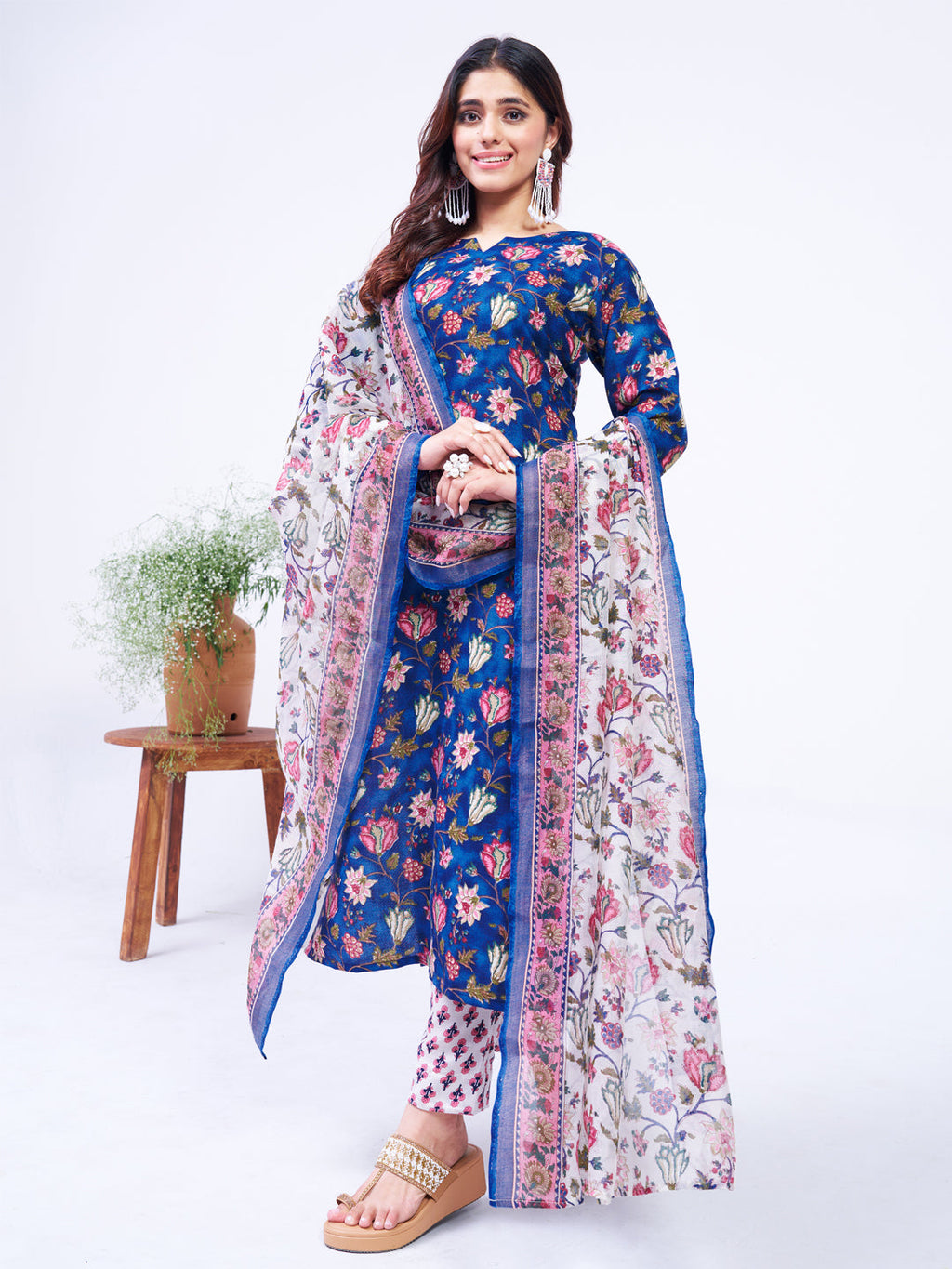 Jyoti Fashion Women's Blue Cotton Blend Printed Designer Kurta Set with Dupatta | Grocsy