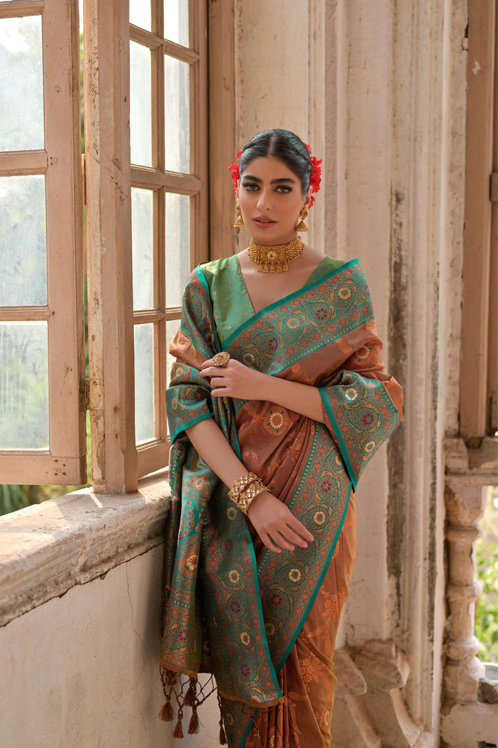 Jyoti Fashion Women's Brown Banarasi Silk Zari Woven Traditional Saree with Blouse | Grocsy
