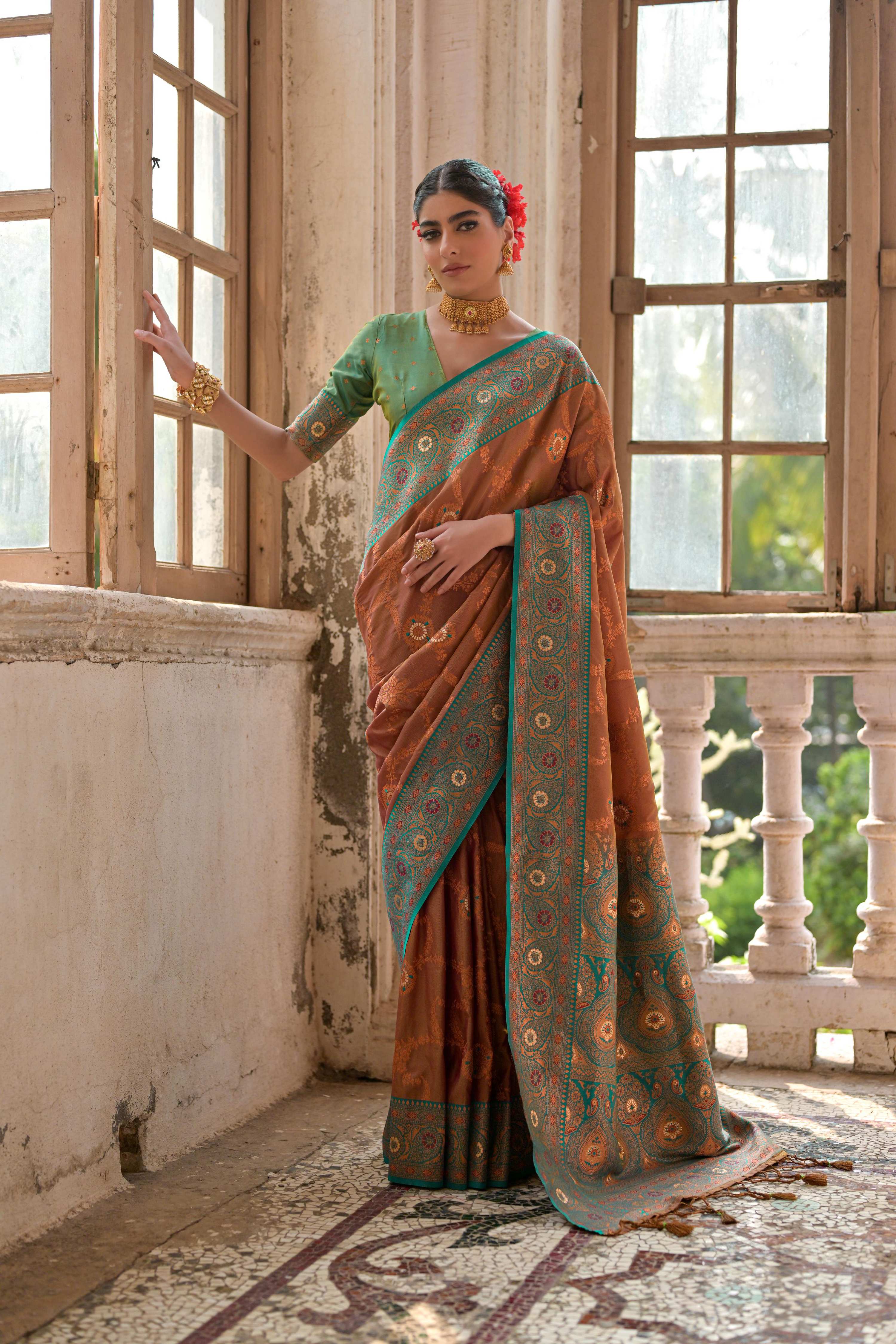 Jyoti Fashion Women's Brown Banarasi Silk Zari Woven Traditional Saree with Blouse | Grocsy