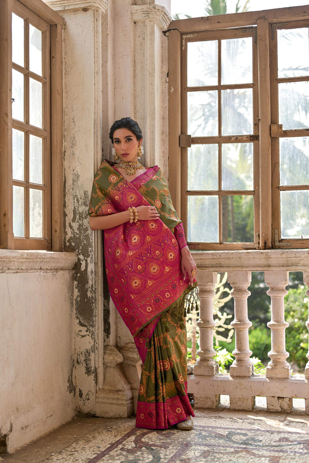 Jyoti Fashion Women's Mehendi Banarasi Silk Zari Woven Traditional Saree with Blouse | Grocsy