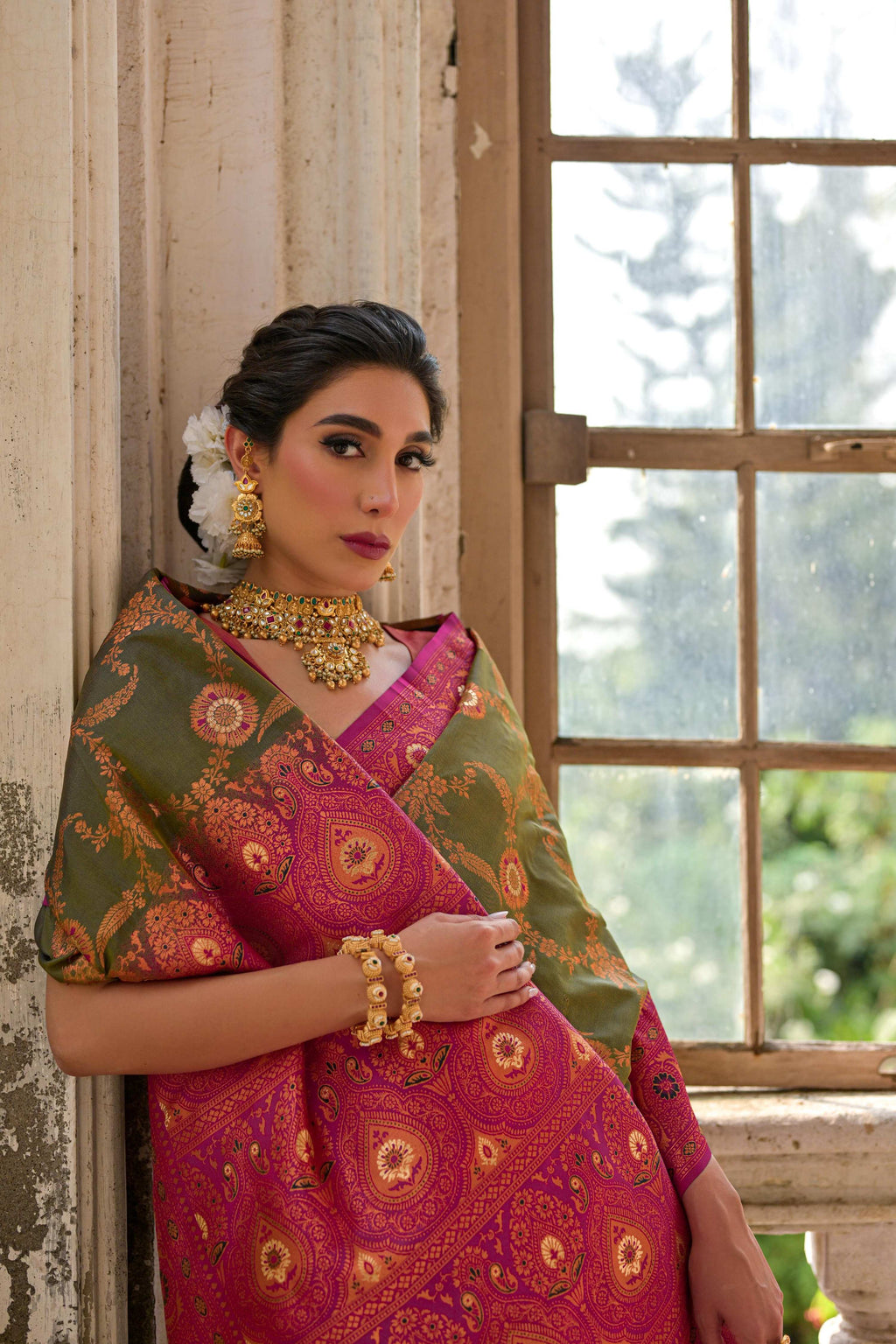 Jyoti Fashion Women's Mehendi Banarasi Silk Zari Woven Traditional Saree with Blouse | Grocsy