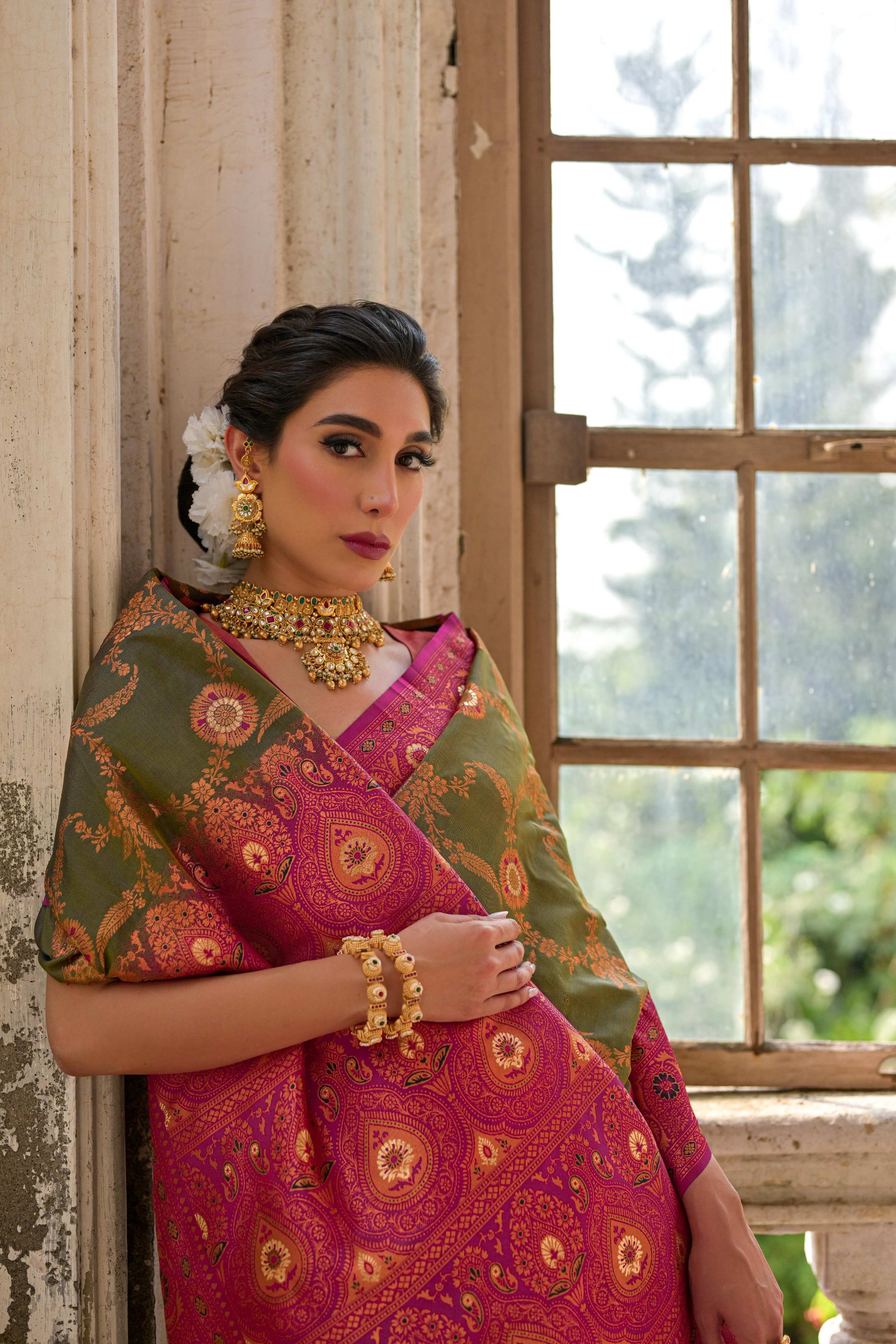 Jyoti Fashion Women's Mehendi Banarasi Silk Zari Woven Traditional Saree with Blouse | Grocsy