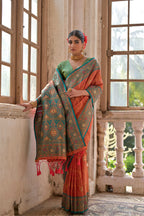 Jyoti Fashion Women's Orange Banarasi Silk Zari Woven Traditional Saree with Blouse | Grocsy