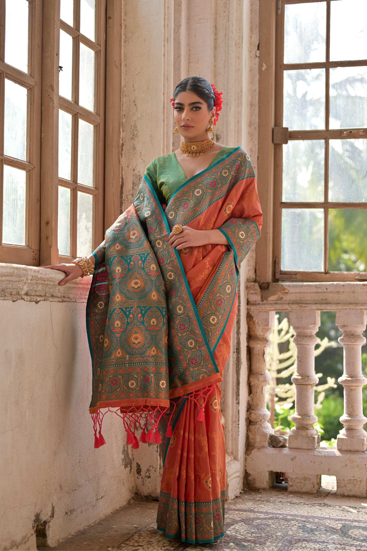 Jyoti Fashion Women's Orange Banarasi Silk Zari Woven Traditional Saree with Blouse | Grocsy