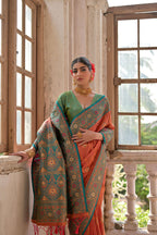 Jyoti Fashion Women's Orange Banarasi Silk Zari Woven Traditional Saree with Blouse | Grocsy
