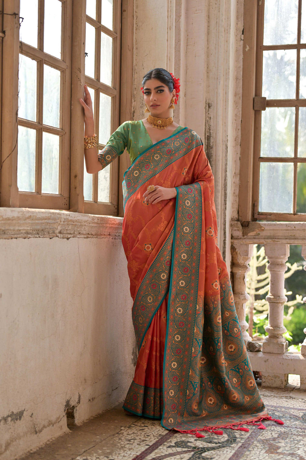 Jyoti Fashion Women's Orange Banarasi Silk Zari Woven Traditional Saree with Blouse | Grocsy