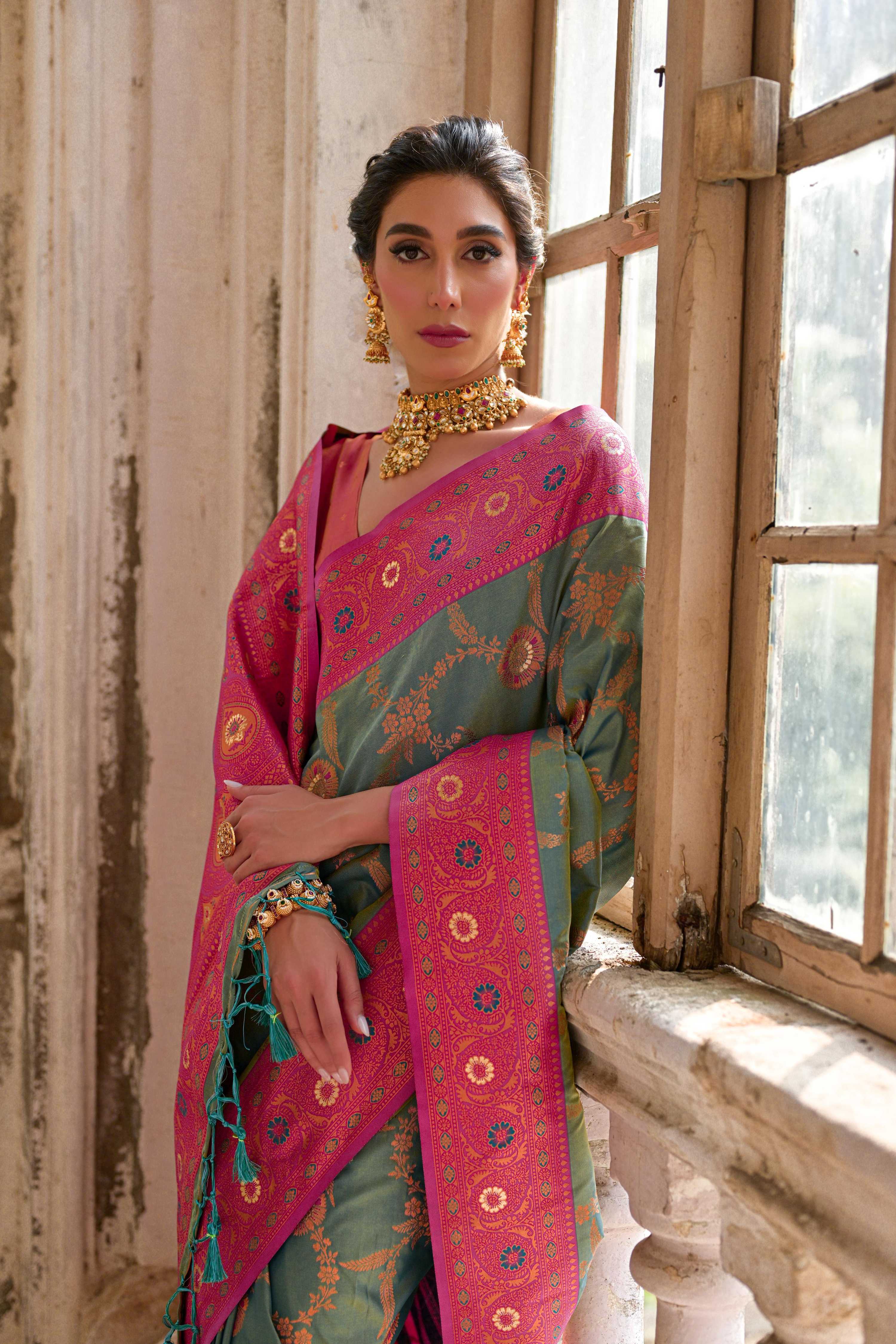 Jyoti Fashion Women's Rama Banarasi Silk Zari Woven Traditional Saree with Blouse | Grocsy