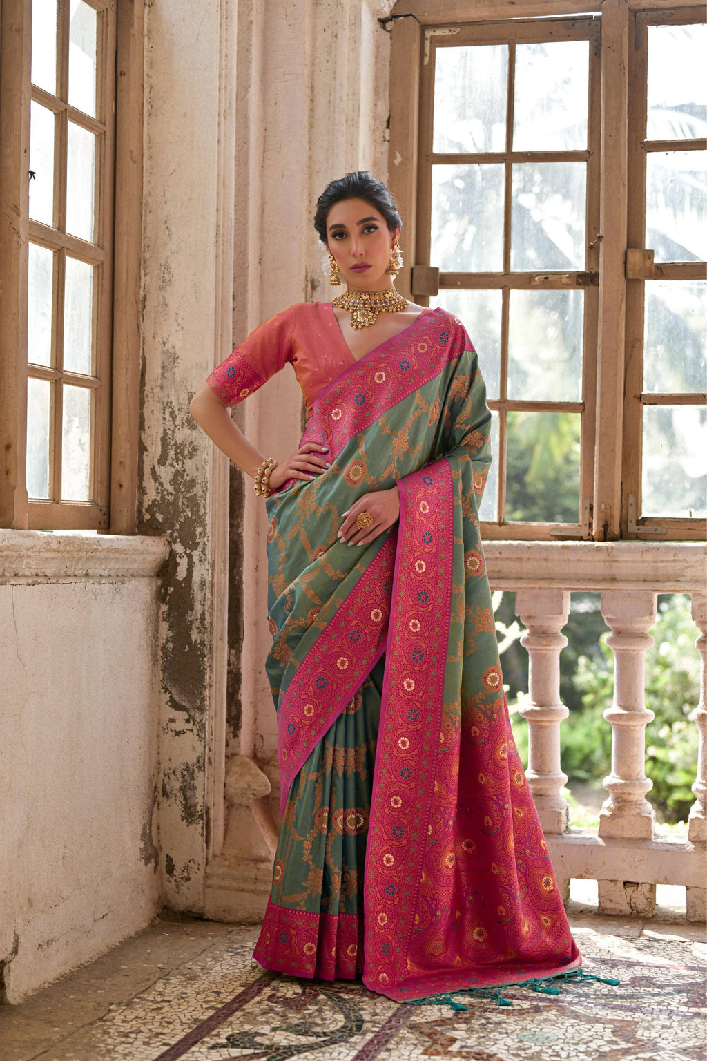 Jyoti Fashion Women's Rama Banarasi Silk Zari Woven Traditional Saree with Blouse | Grocsy