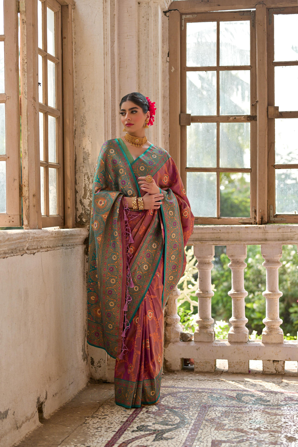 Jyoti Fashion Women's Wine Banarasi Silk Zari Woven Traditional Saree with Blouse | Grocsy