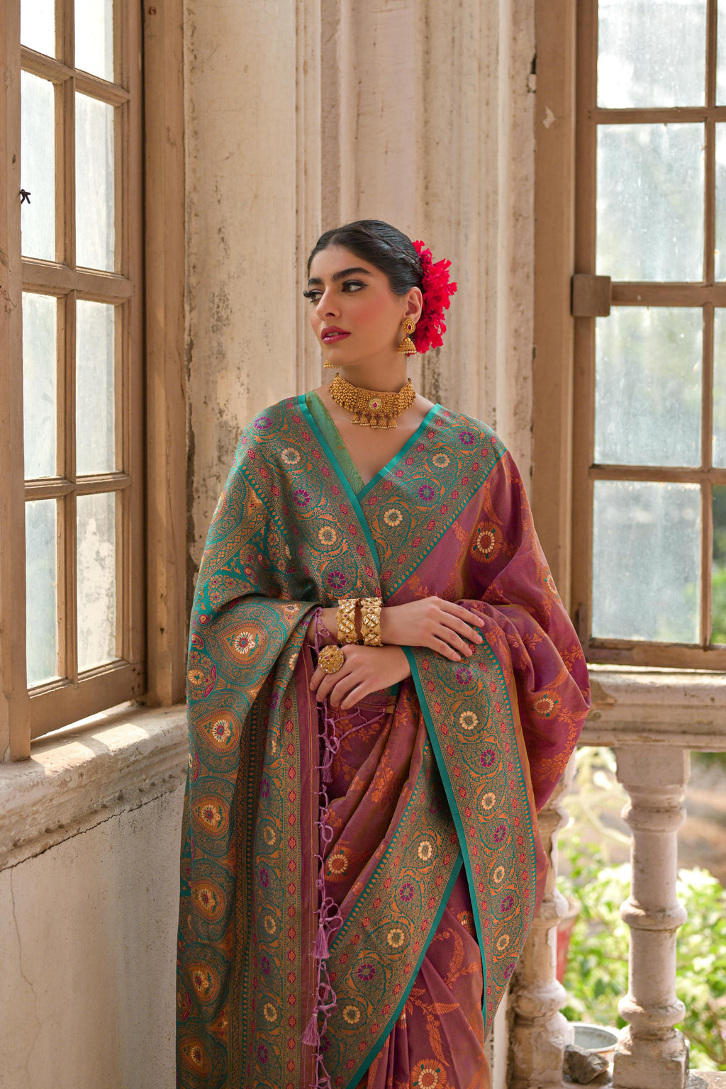 Jyoti Fashion Women's Wine Banarasi Silk Zari Woven Traditional Saree with Blouse | Grocsy