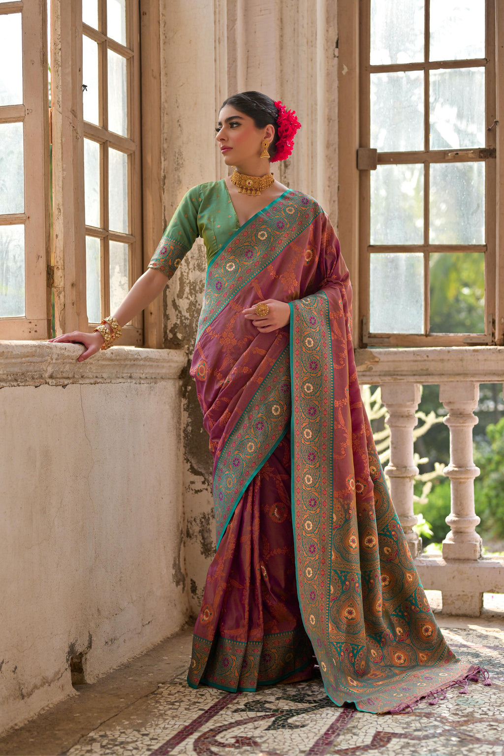 Jyoti Fashion Women's Wine Banarasi Silk Zari Woven Traditional Saree with Blouse | Grocsy