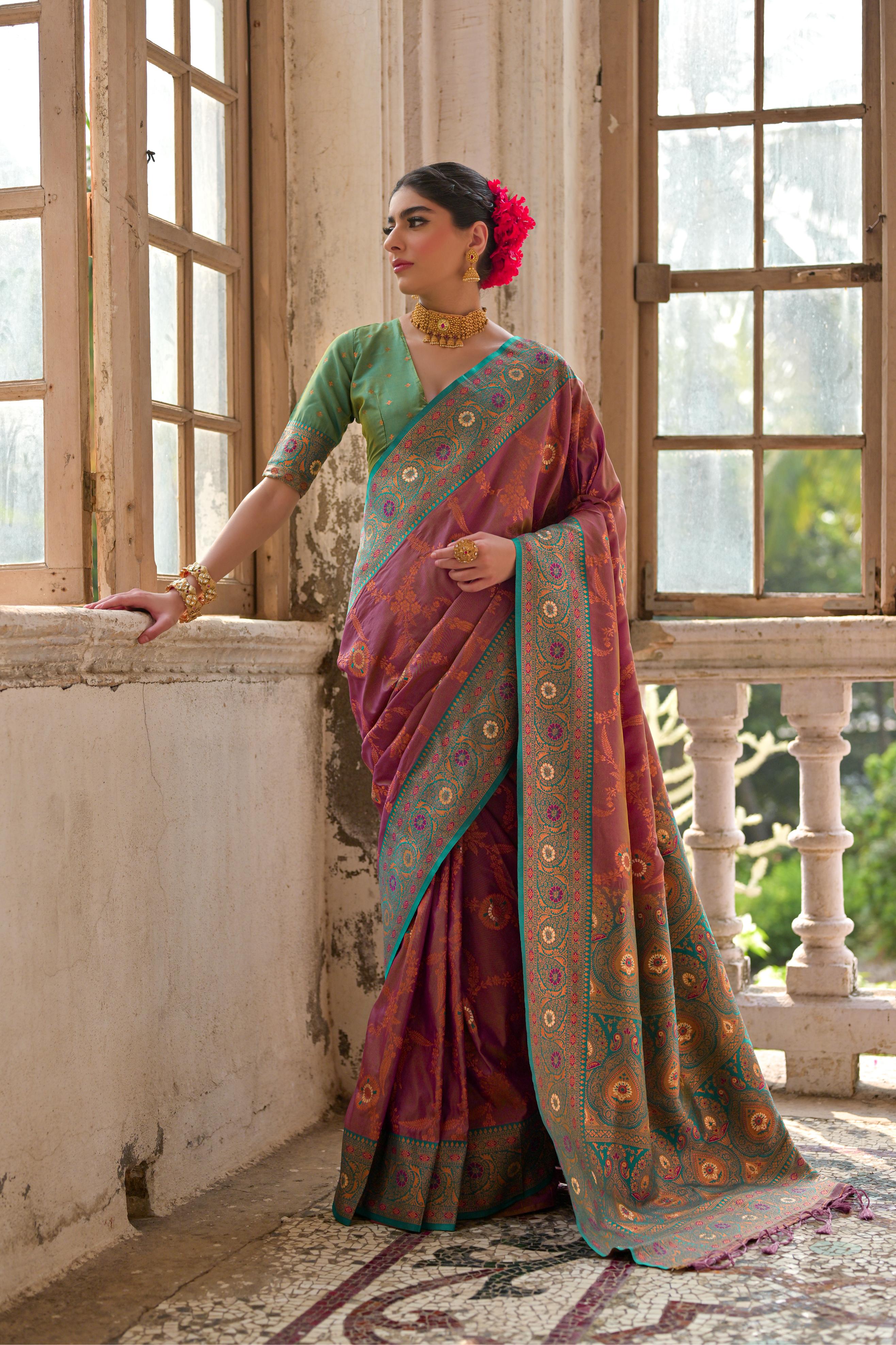Jyoti Fashion Women's Wine Banarasi Silk Zari Woven Traditional Saree with Blouse | Grocsy