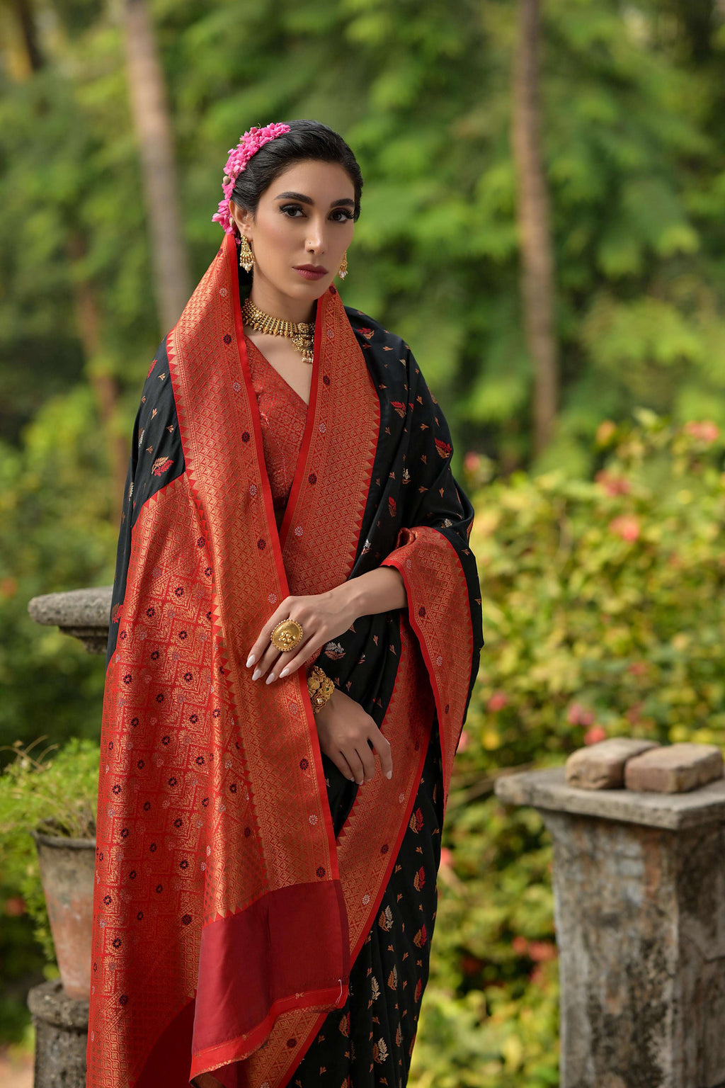 Jyoti Fashion Women's Black Banarasi Silk Zari Woven Traditional Saree with Blouse | Grocsy