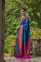 Jyoti Fashion Women's Blue Banarasi Silk Zari Woven Traditional Saree with Blouse | Grocsy