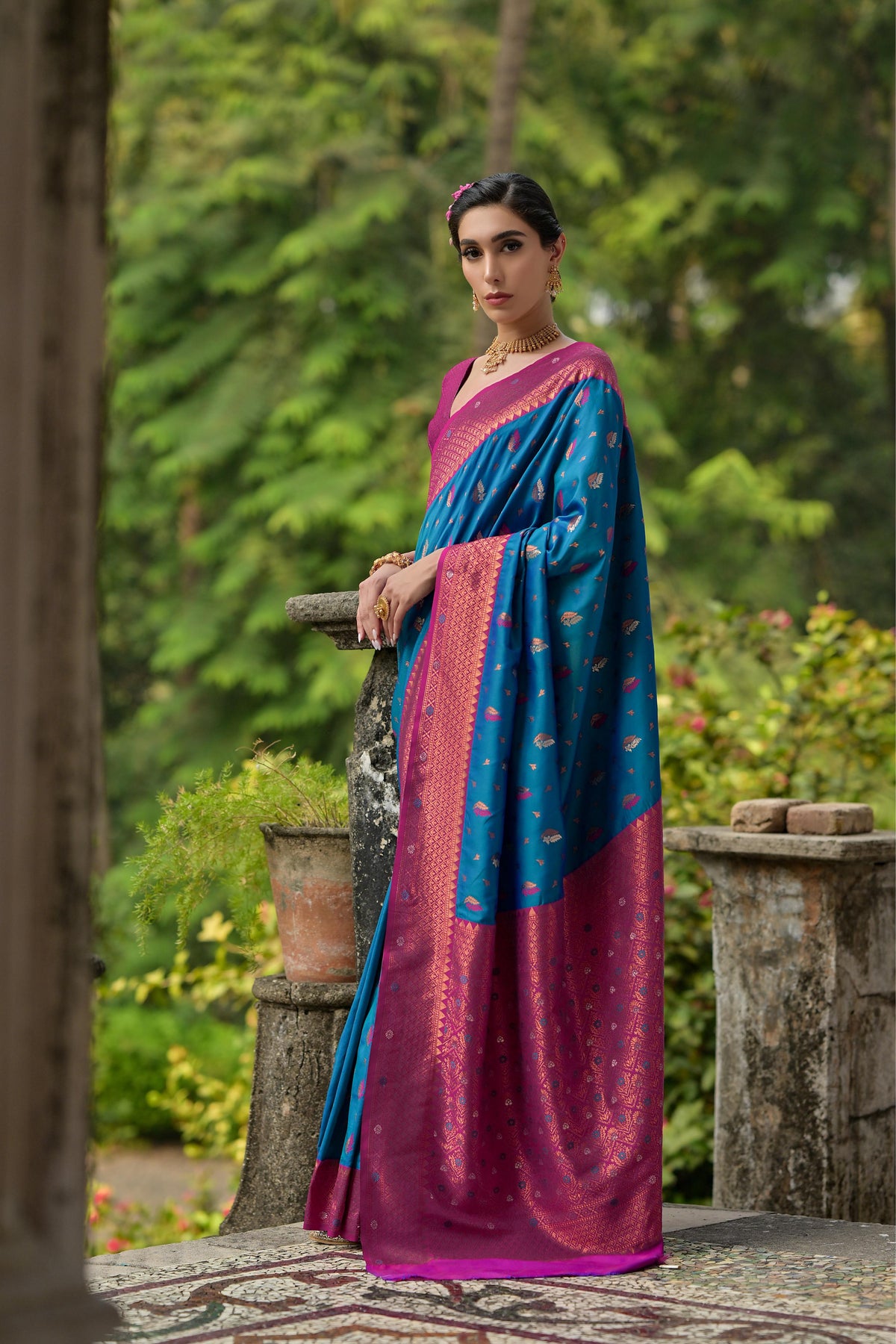 Jyoti Fashion Women's Blue Banarasi Silk Zari Woven Traditional Saree with Blouse | Grocsy