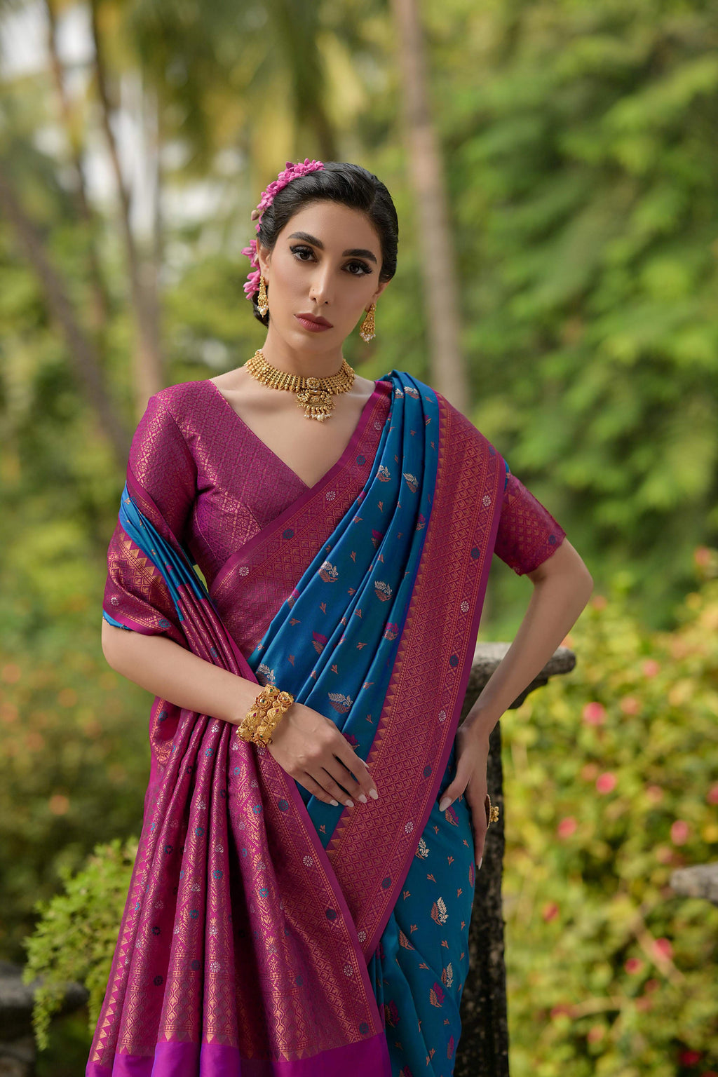 Jyoti Fashion Women's Blue Banarasi Silk Zari Woven Traditional Saree with Blouse | Grocsy