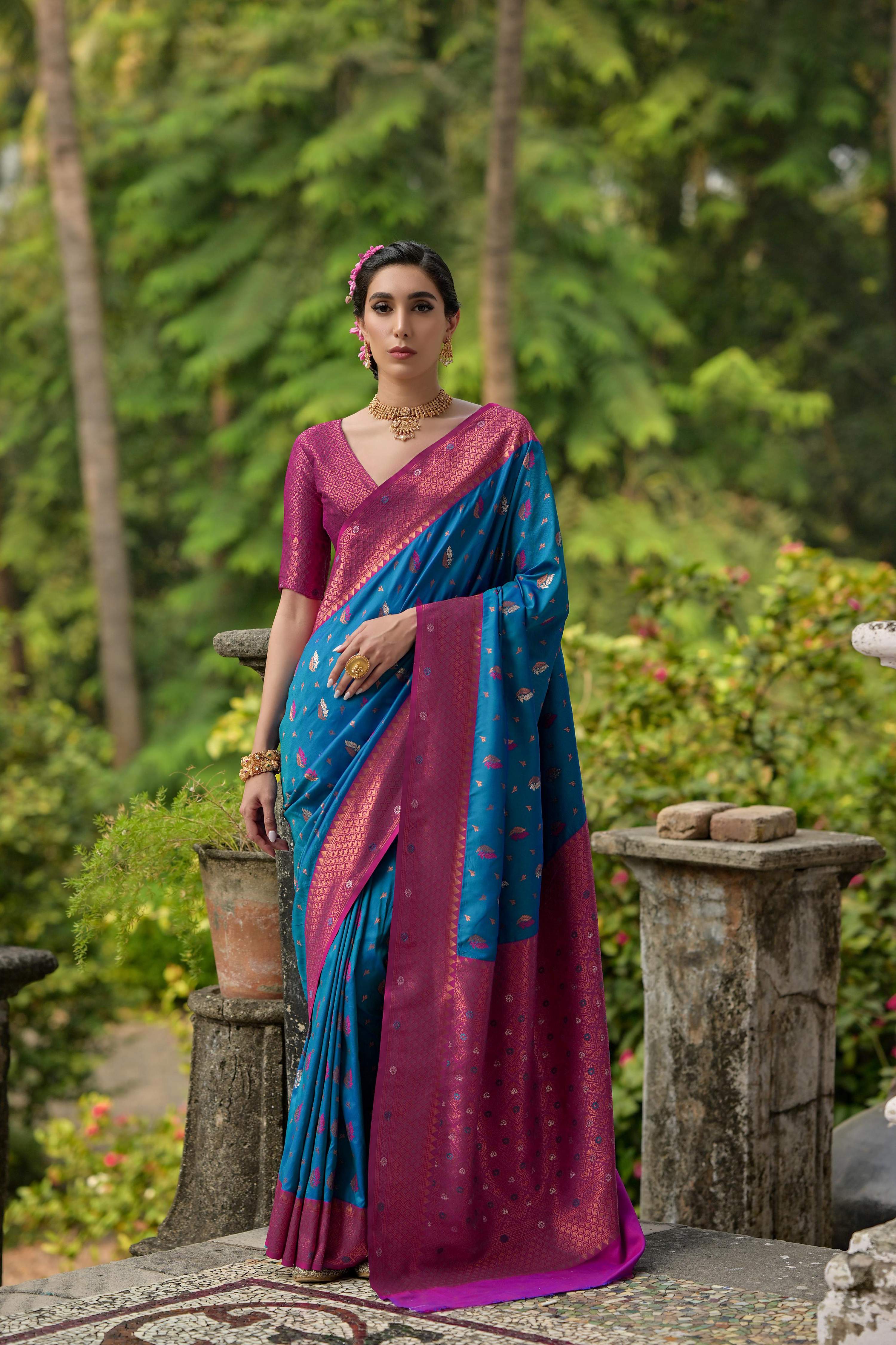 Jyoti Fashion Women's Blue Banarasi Silk Zari Woven Traditional Saree with Blouse | Grocsy