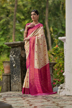 Jyoti Fashion Women's Cream Banarasi Silk Zari Woven Traditional Saree with Blouse | Grocsy