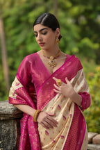 Jyoti Fashion Women's Cream Banarasi Silk Zari Woven Traditional Saree with Blouse | Grocsy