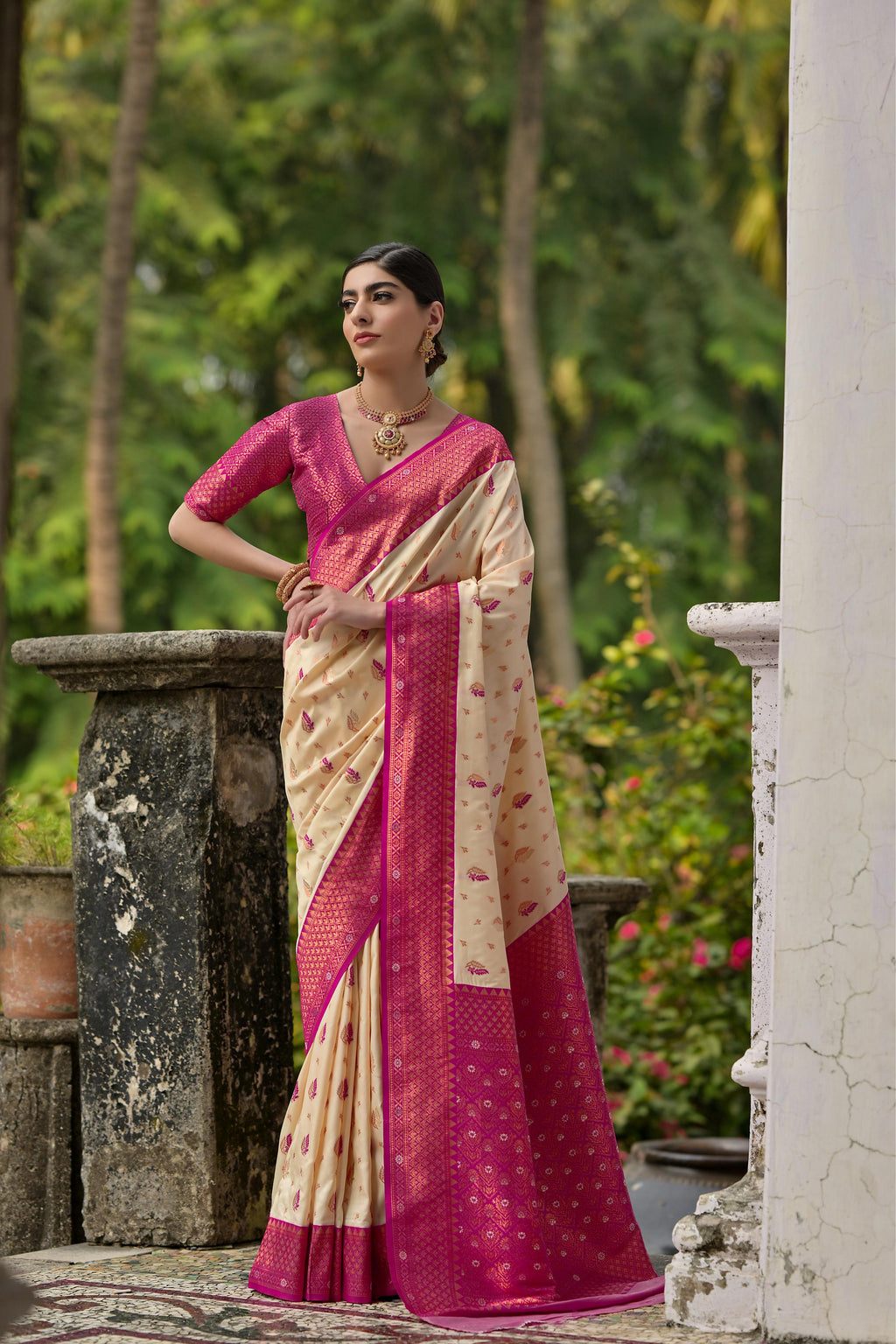 Jyoti Fashion Women's Cream Banarasi Silk Zari Woven Traditional Saree with Blouse | Grocsy