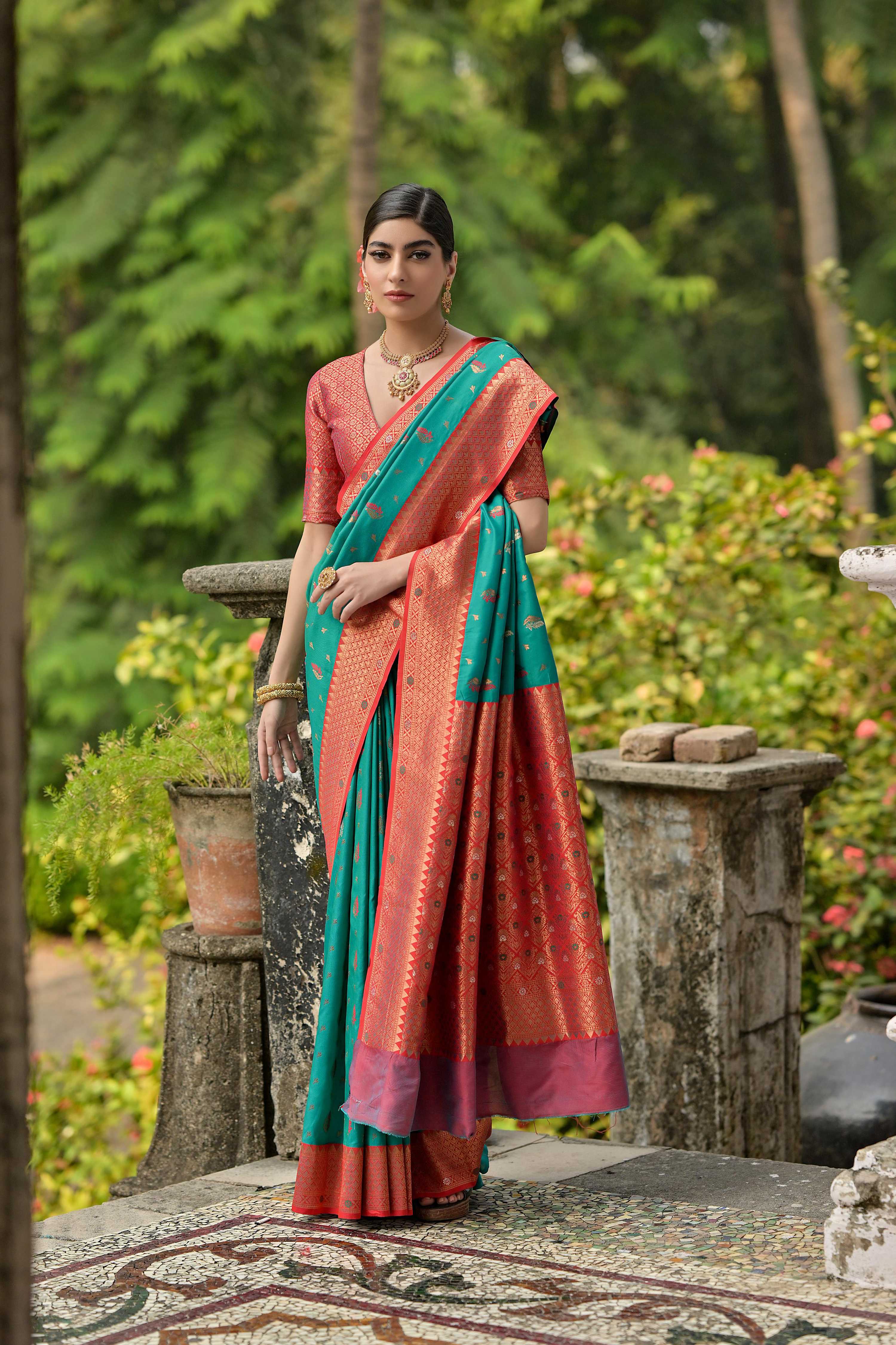Jyoti Fashion Women's Rama Banarasi Silk Zari Woven Traditional Saree with Blouse | Grocsy