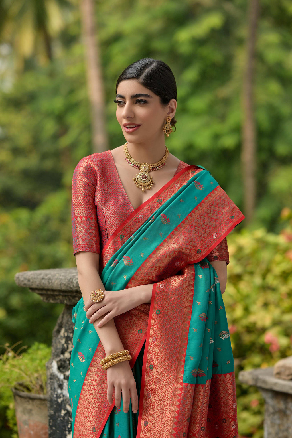 Jyoti Fashion Women's Rama Banarasi Silk Zari Woven Traditional Saree with Blouse | Grocsy