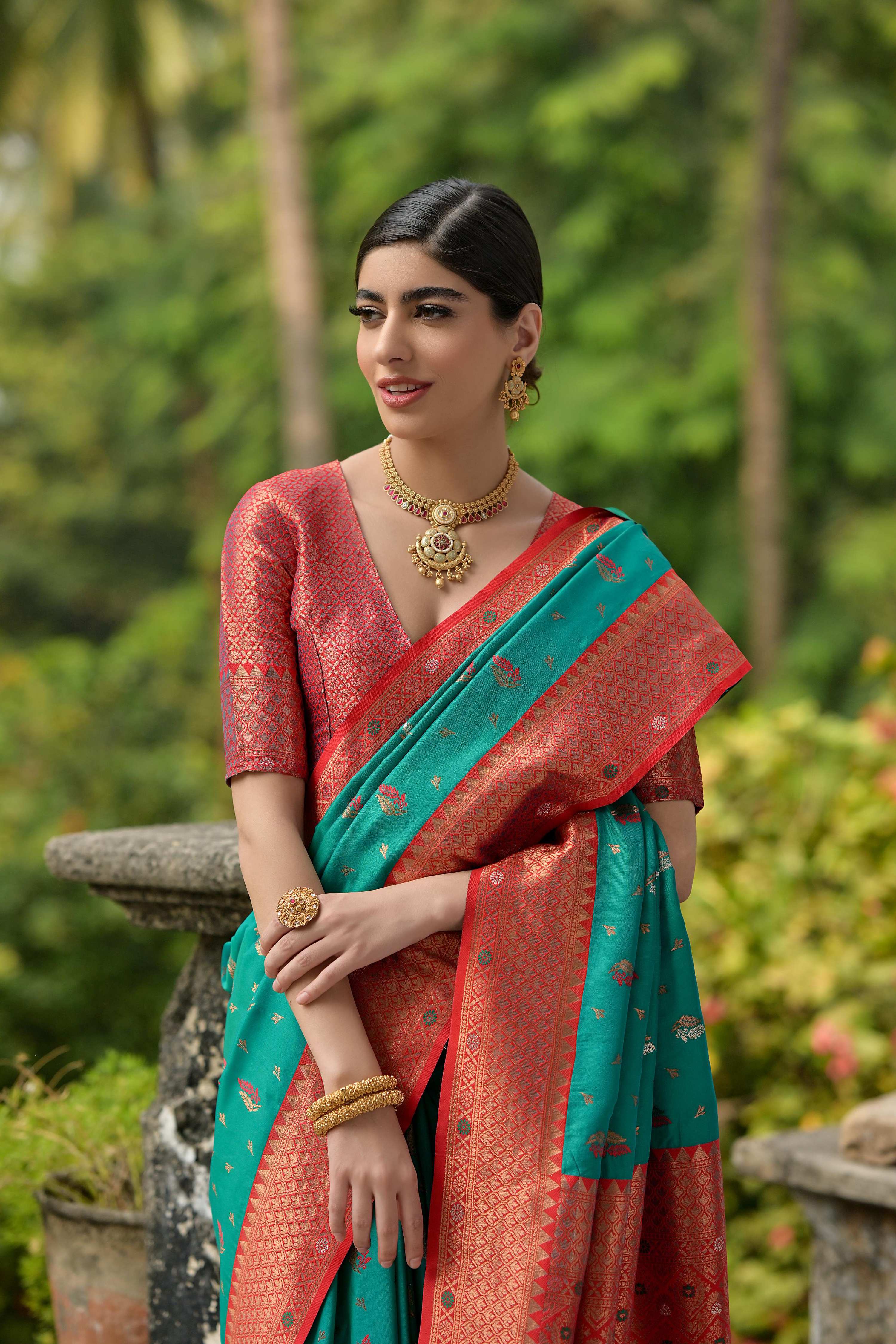 Jyoti Fashion Women's Rama Banarasi Silk Zari Woven Traditional Saree with Blouse | Grocsy