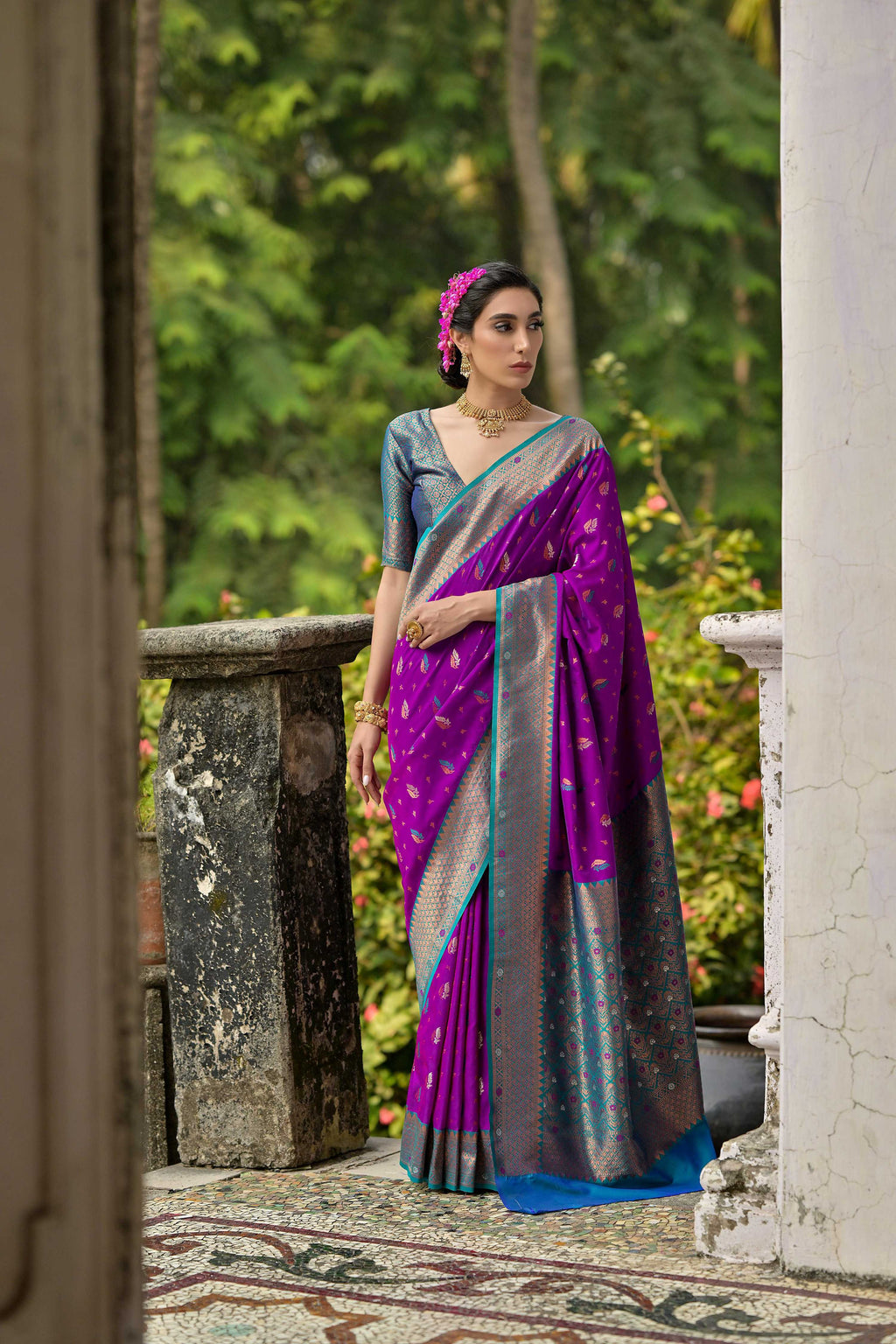 Jyoti Fashion Women's Purple Banarasi Silk Zari Woven Traditional Saree with Blouse | Grocsy
