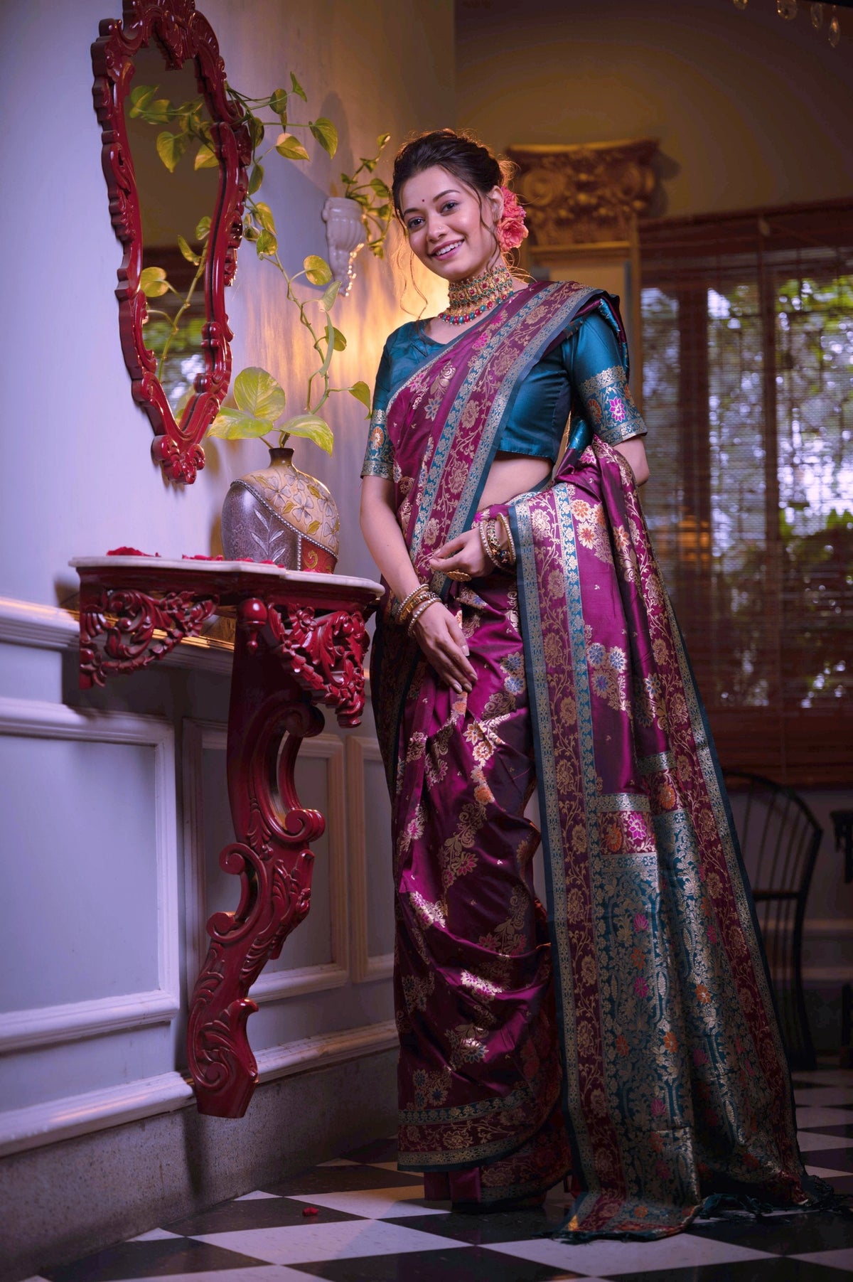 Jyoti Fashion Women's Wine Soft Banarasi Silk Zari Woven Traditional Saree with Blouse | Grocsy