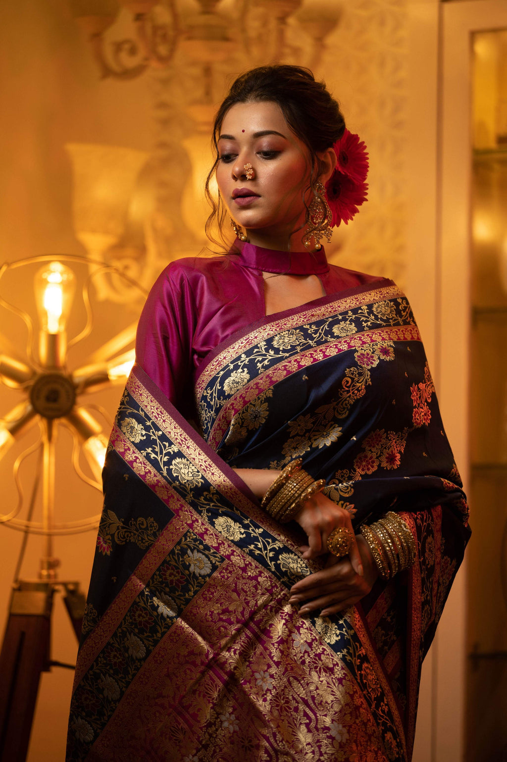 Jyoti Fashion Women's Navy Blue Soft Banarasi Silk Zari Woven Traditional Saree with Blouse | Grocsy