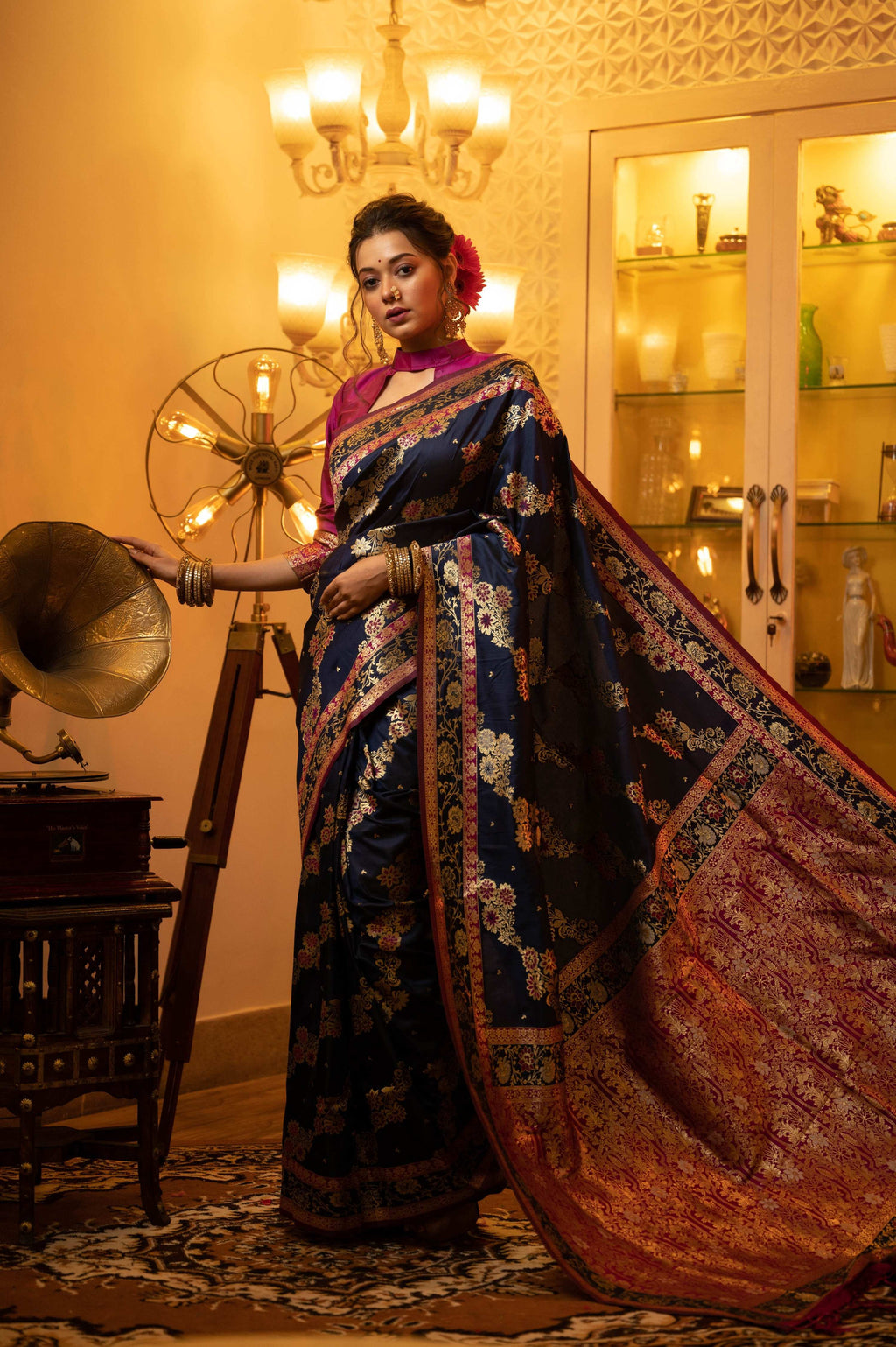 Jyoti Fashion Women's Navy Blue Soft Banarasi Silk Zari Woven Traditional Saree with Blouse | Grocsy